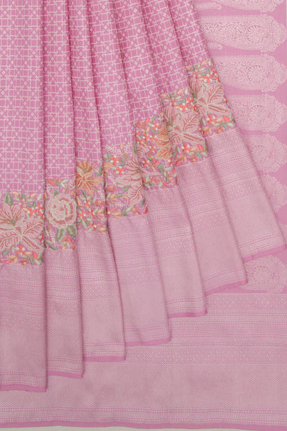 Kanchipuram Silk Ikat Pastel Pink Saree With Embroidery