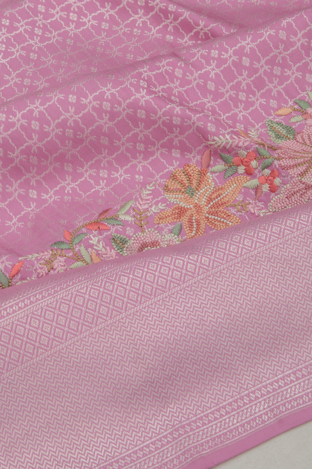 Kanchipuram Silk Ikat Pastel Pink Saree With Embroidery