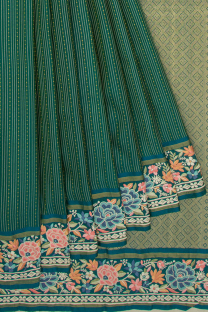 Kanchipuram Silk Vertical Lines Bottle Green Saree With Embroidery Border