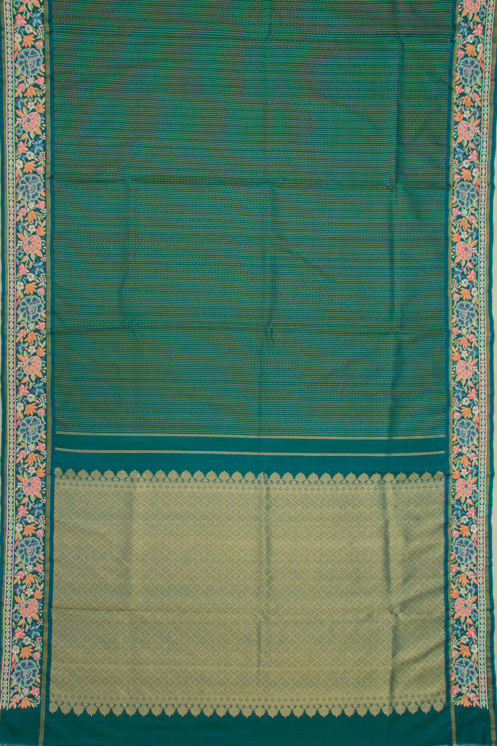 Kanchipuram Silk Vertical Lines Bottle Green Saree With Embroidery Border