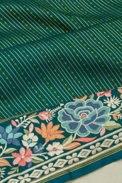 Kanchipuram Silk Vertical Lines Bottle Green Saree With Embroidery Border