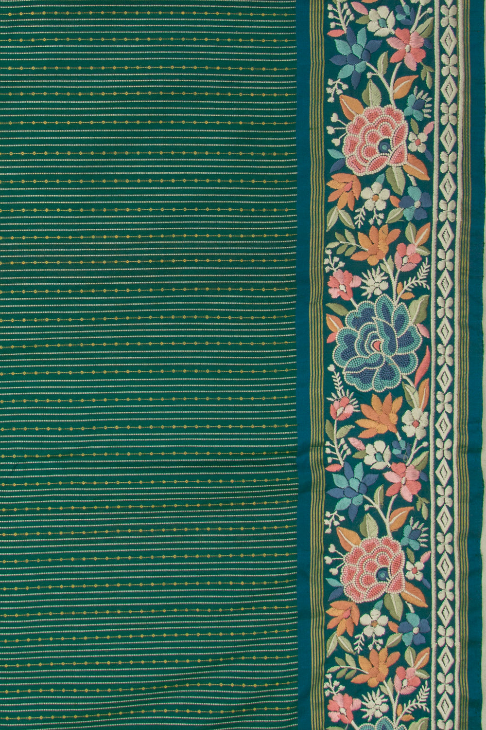 Kanchipuram Silk Vertical Lines Bottle Green Saree With Embroidery Border