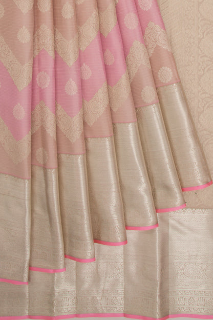 Kanchipuram Silk Zig Zag Lines Cream And Pink Saree