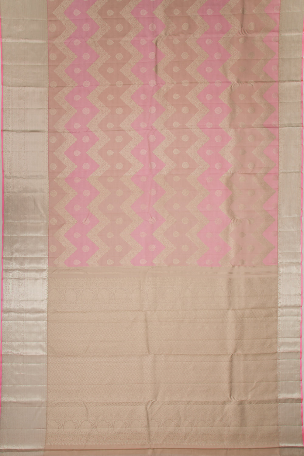 Kanchipuram Silk Zig Zag Lines Cream And Pink Saree