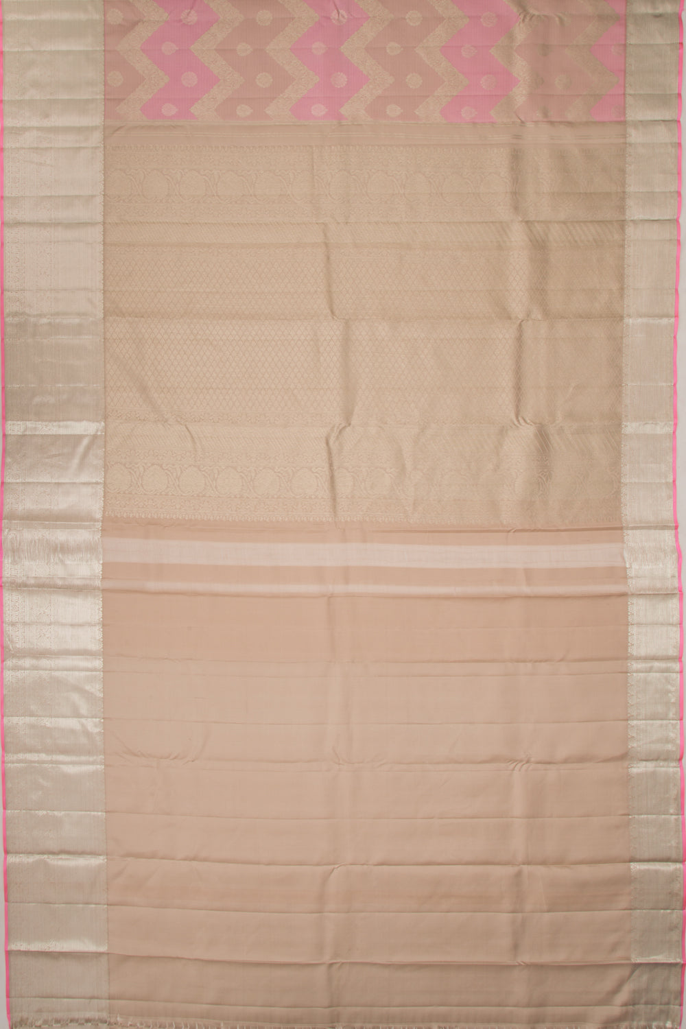 Kanchipuram Silk Zig Zag Lines Cream And Pink Saree