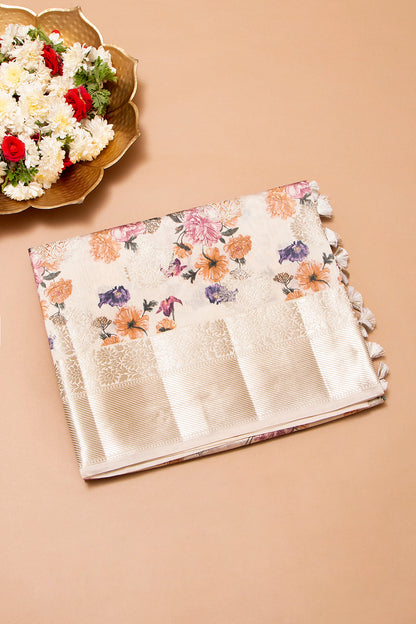 Chiniya Silk Printed And Butta Cream Saree