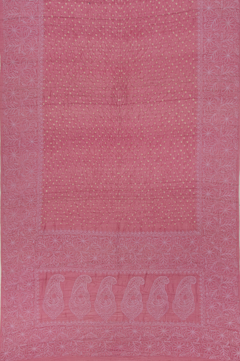 Tussar Bandhani Pink Saree With Kantha Work