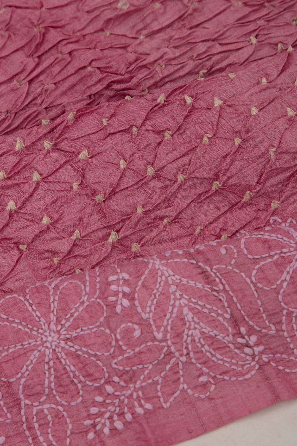 Tussar Bandhani Pink Saree With Kantha Work