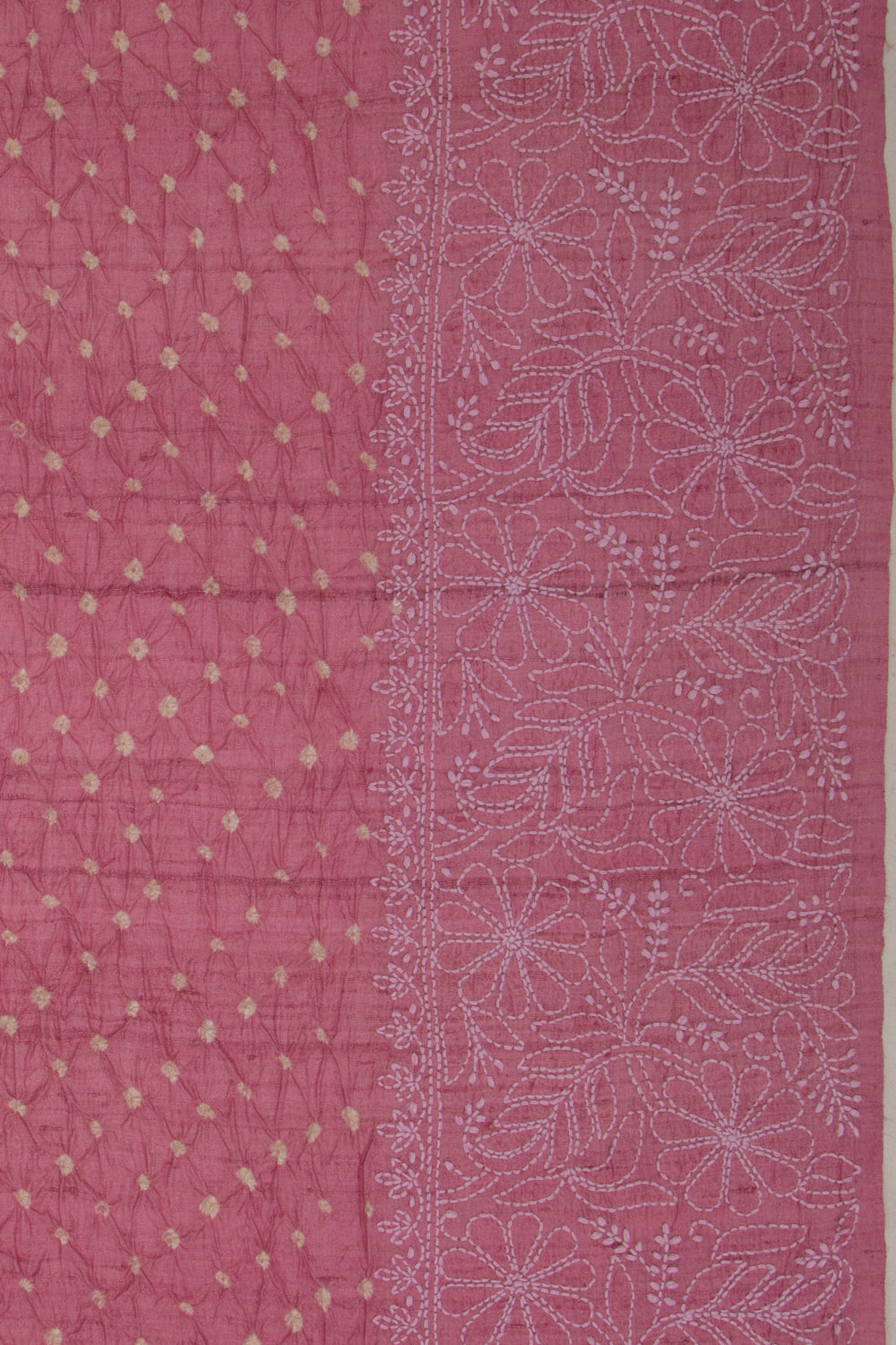 Tussar Bandhani Pink Saree With Kantha Work