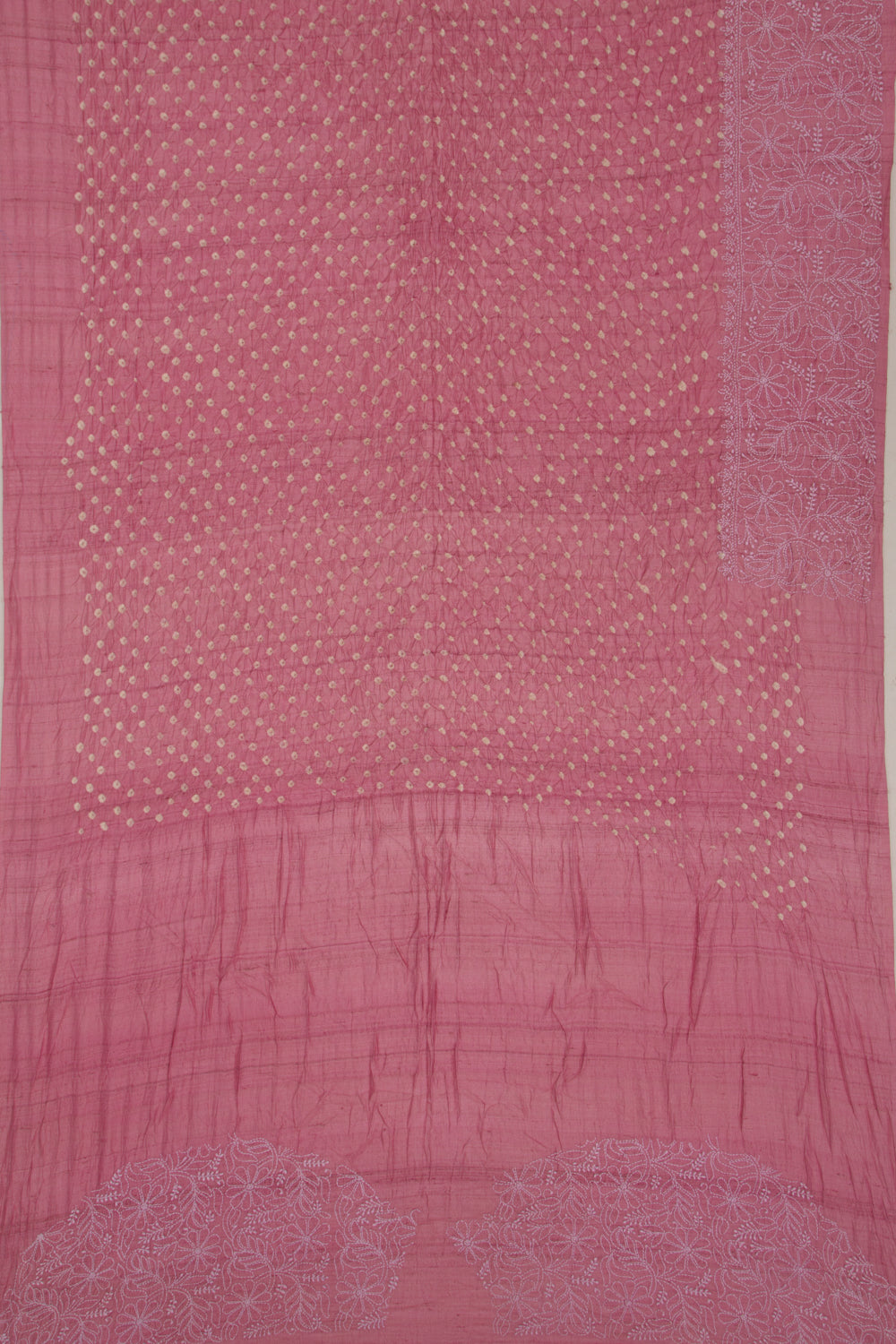 Tussar Bandhani Pink Saree With Kantha Work