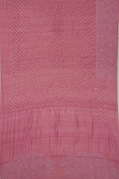 Tussar Bandhani Pink Saree With Kantha Work
