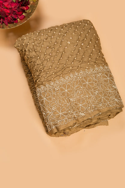 Tussar Bandhani Khaki Brown Saree With Kantha Work