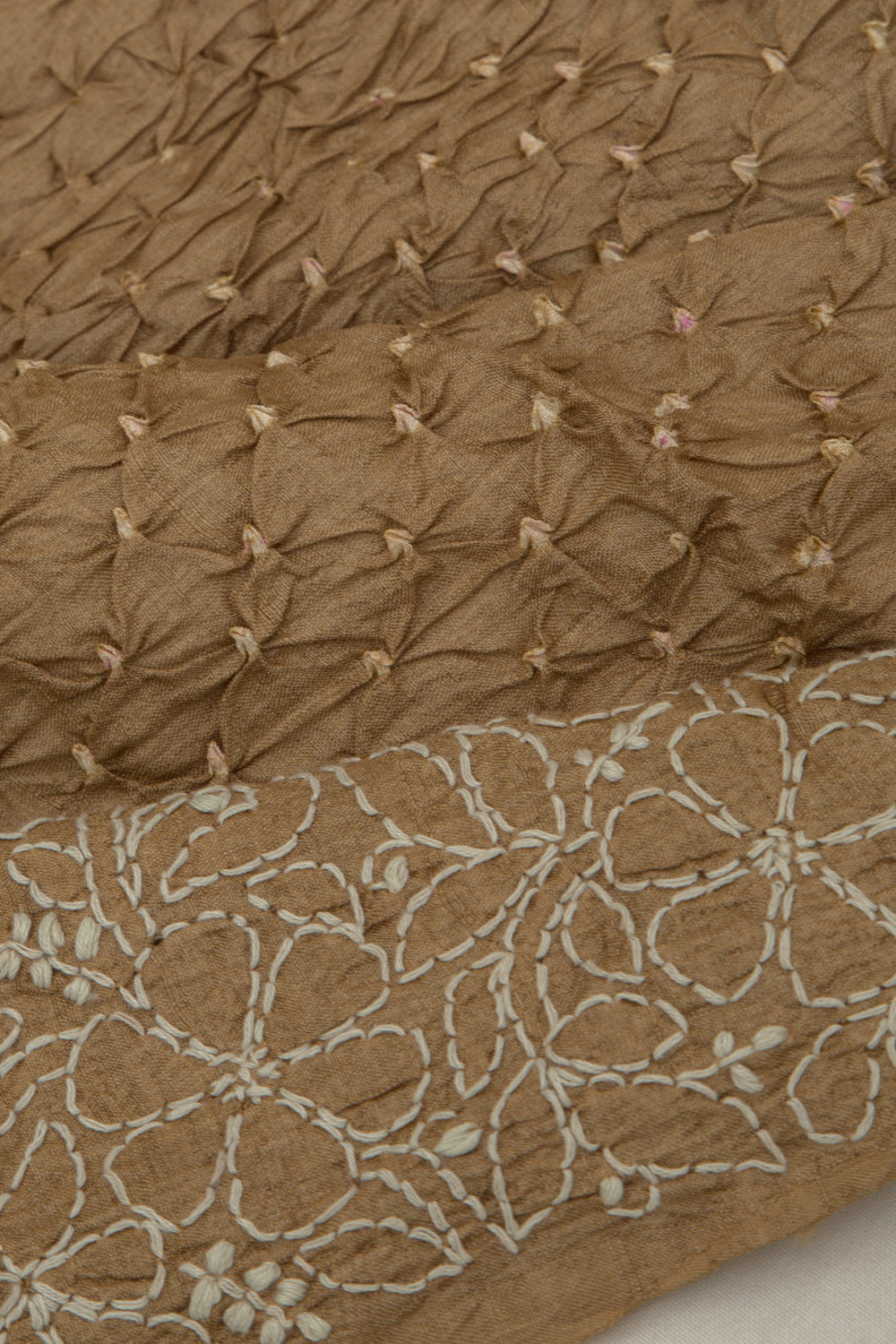 Tussar Bandhani Khaki Brown Saree With Kantha Work