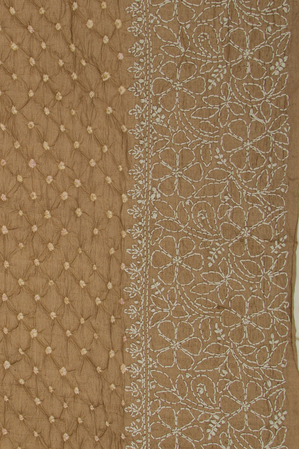 Tussar Bandhani Khaki Brown Saree With Kantha Work