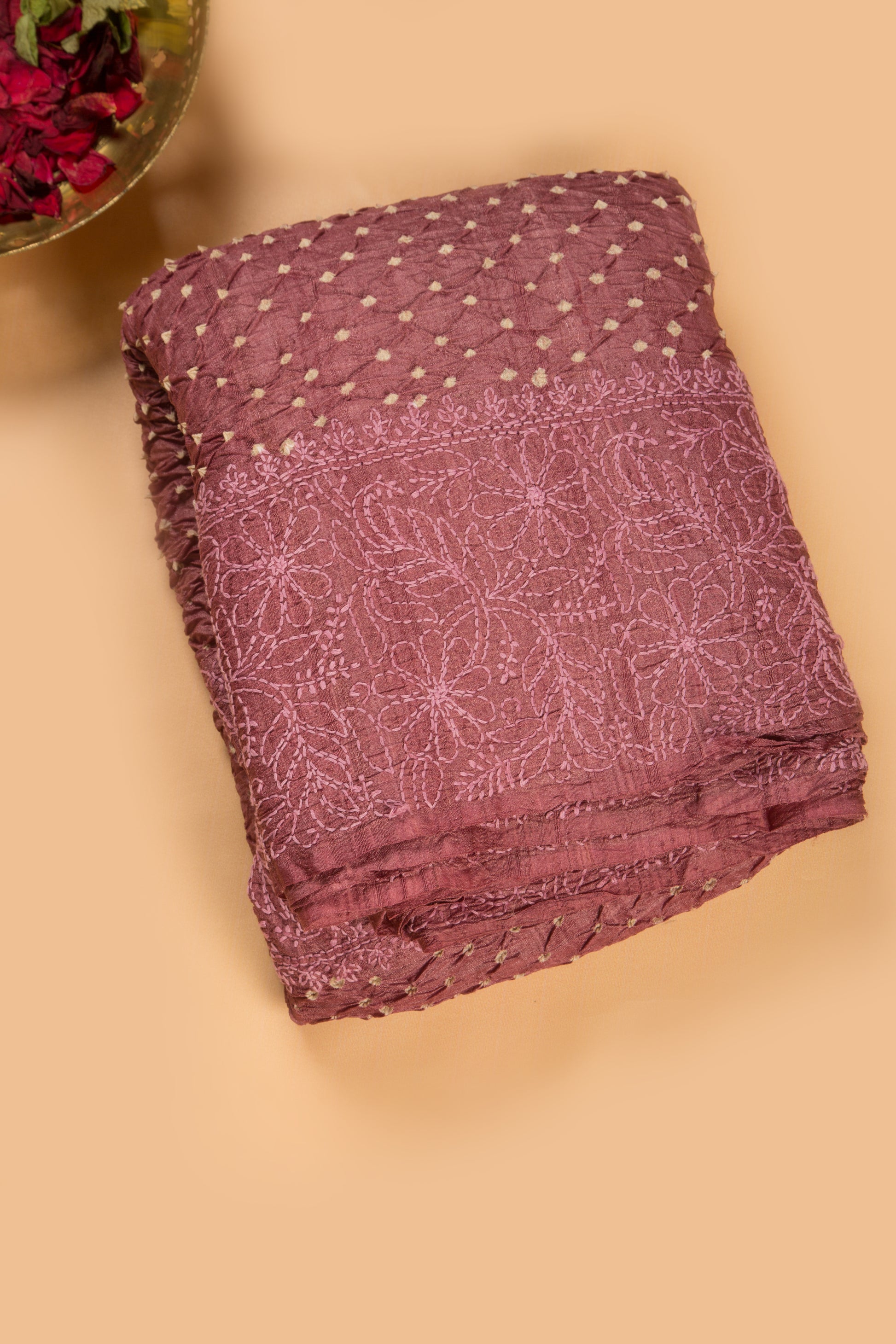 Tussar Bandhani Lilac Saree With Kantha Work