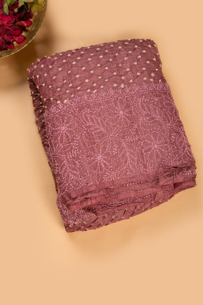 Tussar Bandhani Lilac Saree With Kantha Work