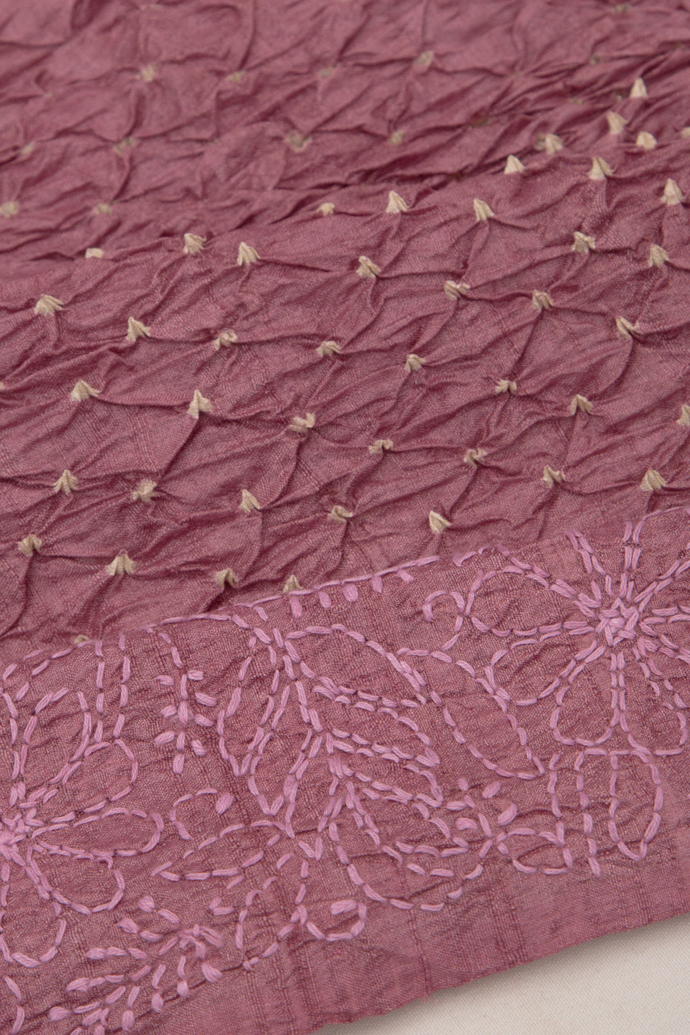 Tussar Bandhani Lilac Saree With Kantha Work