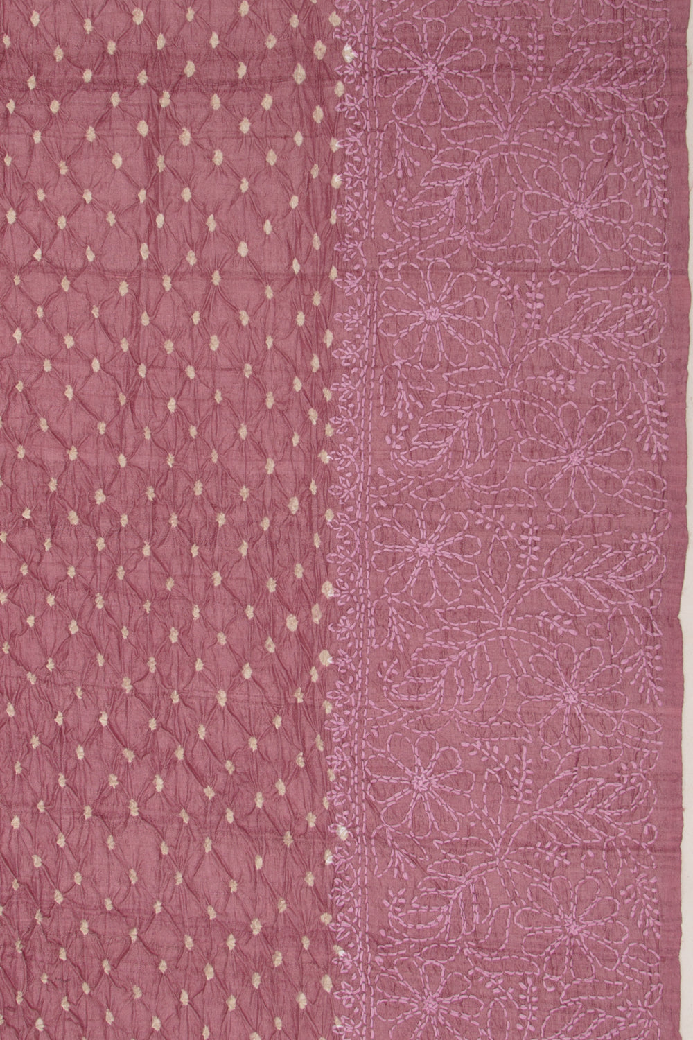 Tussar Bandhani Lilac Saree With Kantha Work