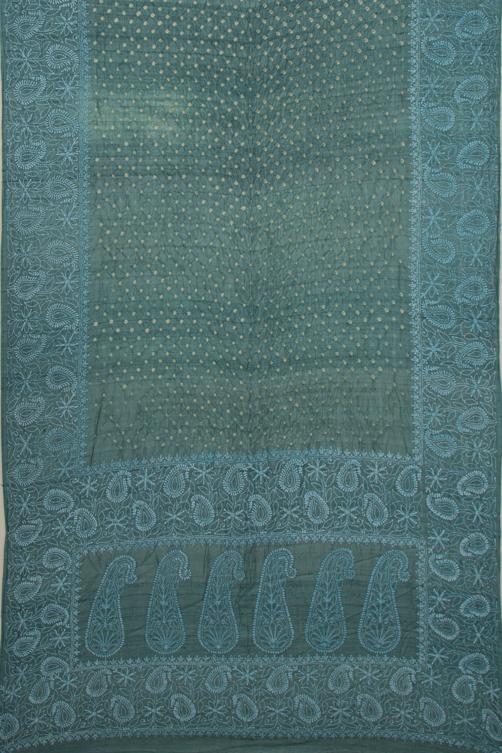 Tussar Bandhani Teal Green Saree With Kantha Work