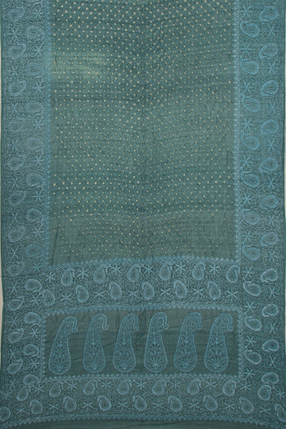 Tussar Bandhani Teal Green Saree With Kantha Work