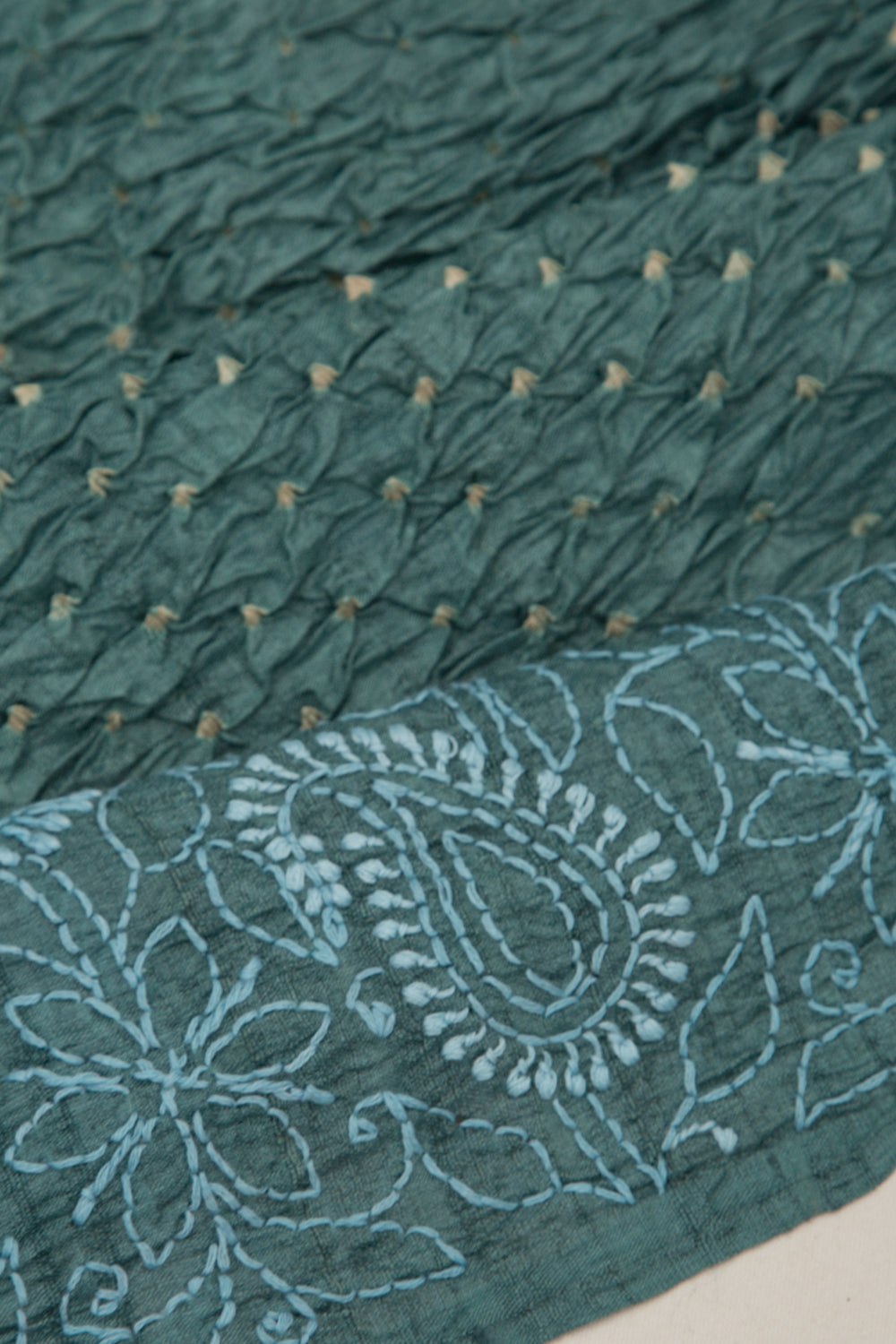 Tussar Bandhani Teal Green Saree With Kantha Work