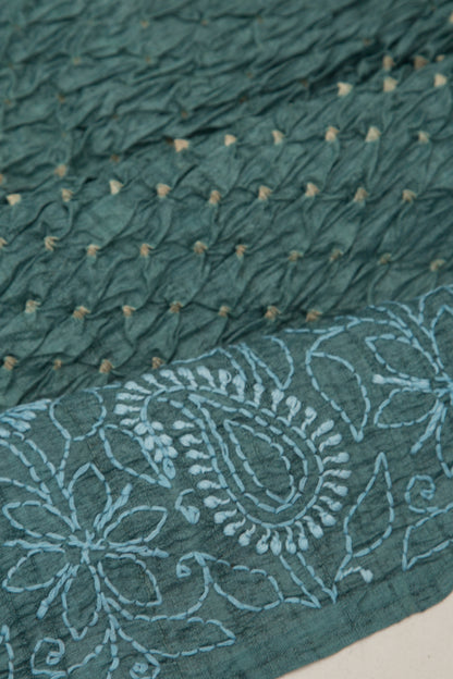 Tussar Bandhani Teal Green Saree With Kantha Work