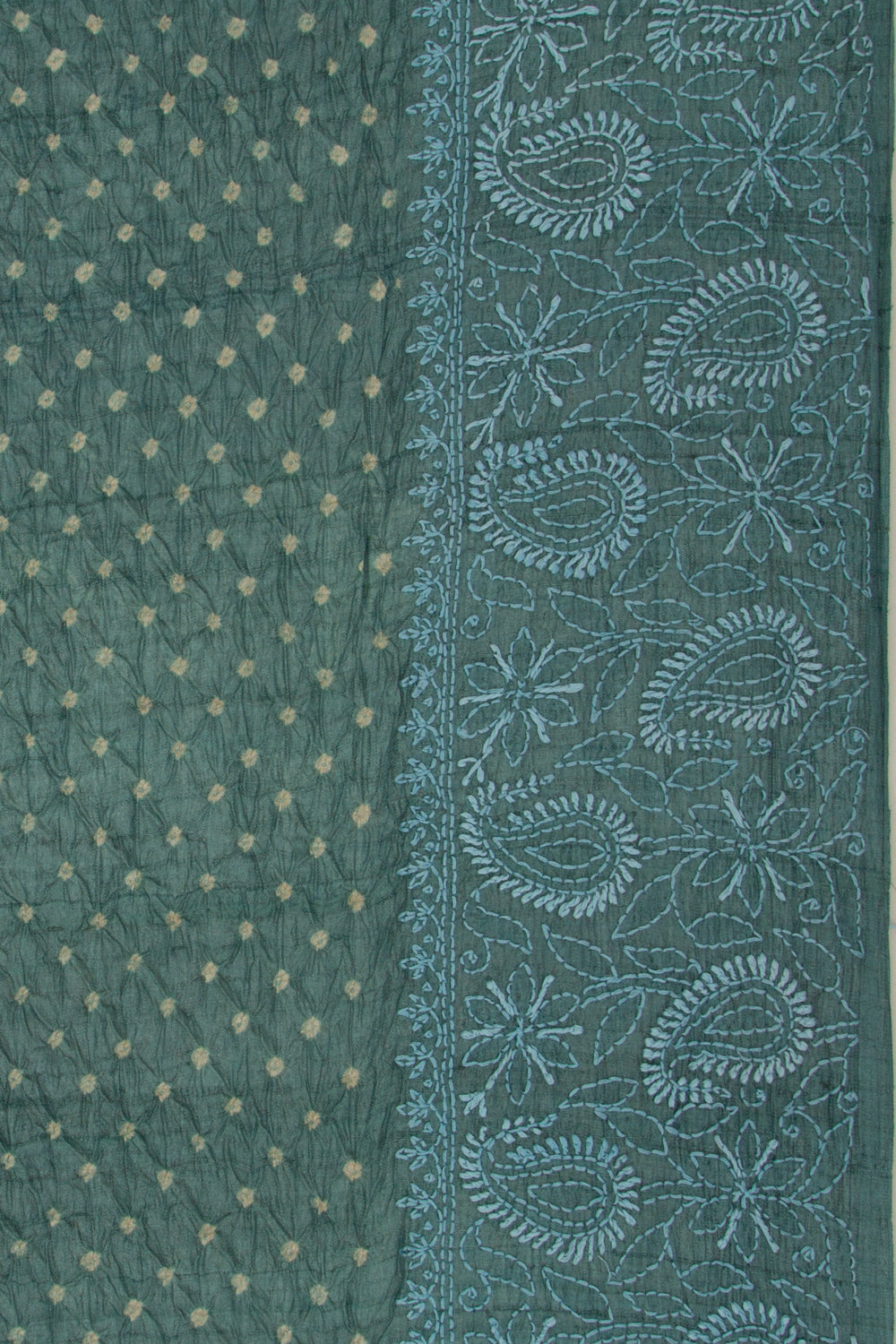 Tussar Bandhani Teal Green Saree With Kantha Work