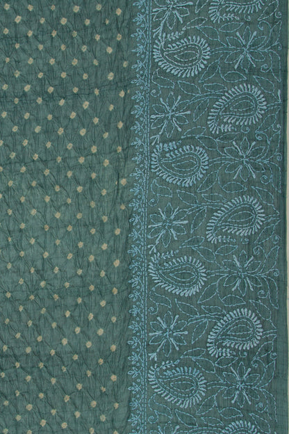 Tussar Bandhani Teal Green Saree With Kantha Work