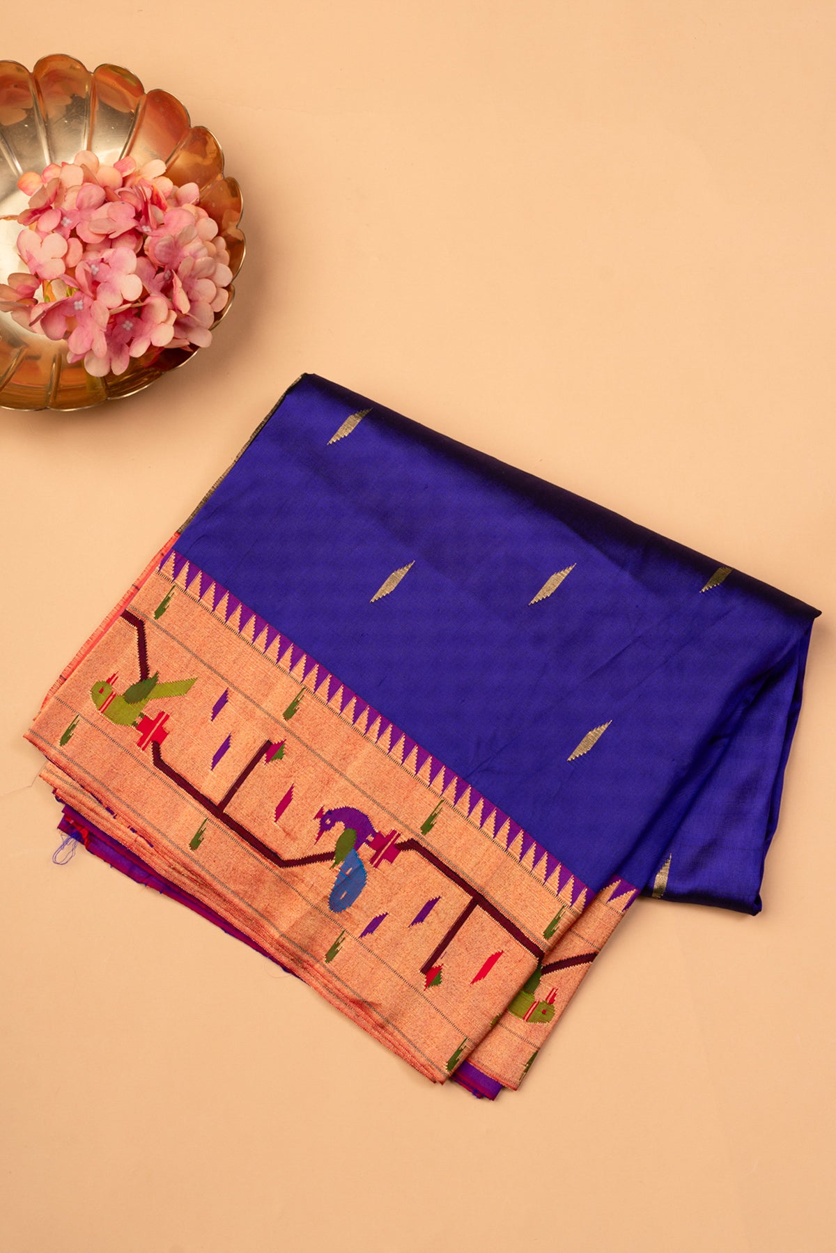 Paithani Silk Butta Royal Blue Saree With Akruthi Border