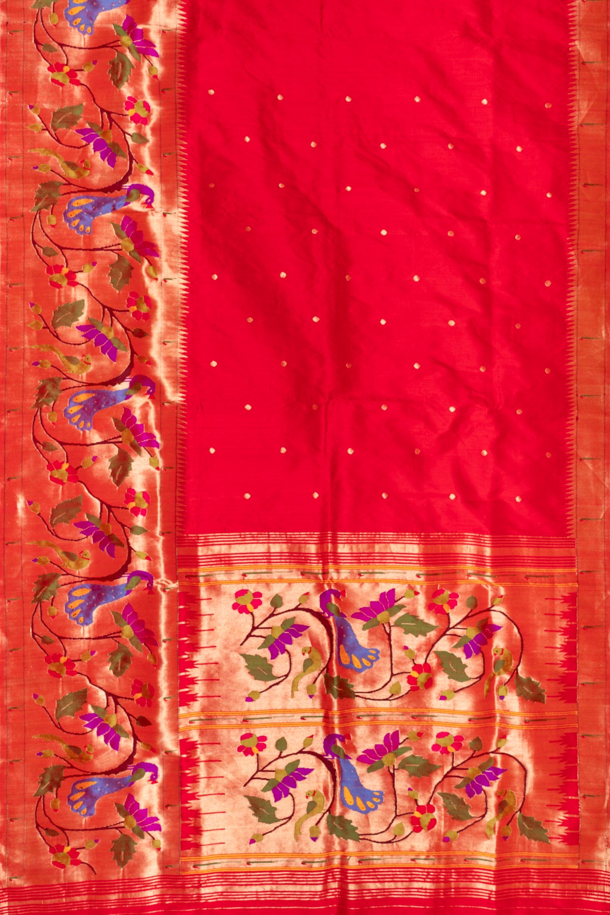 Paithani Silk Butta Red Saree WIth Big Morachi Border