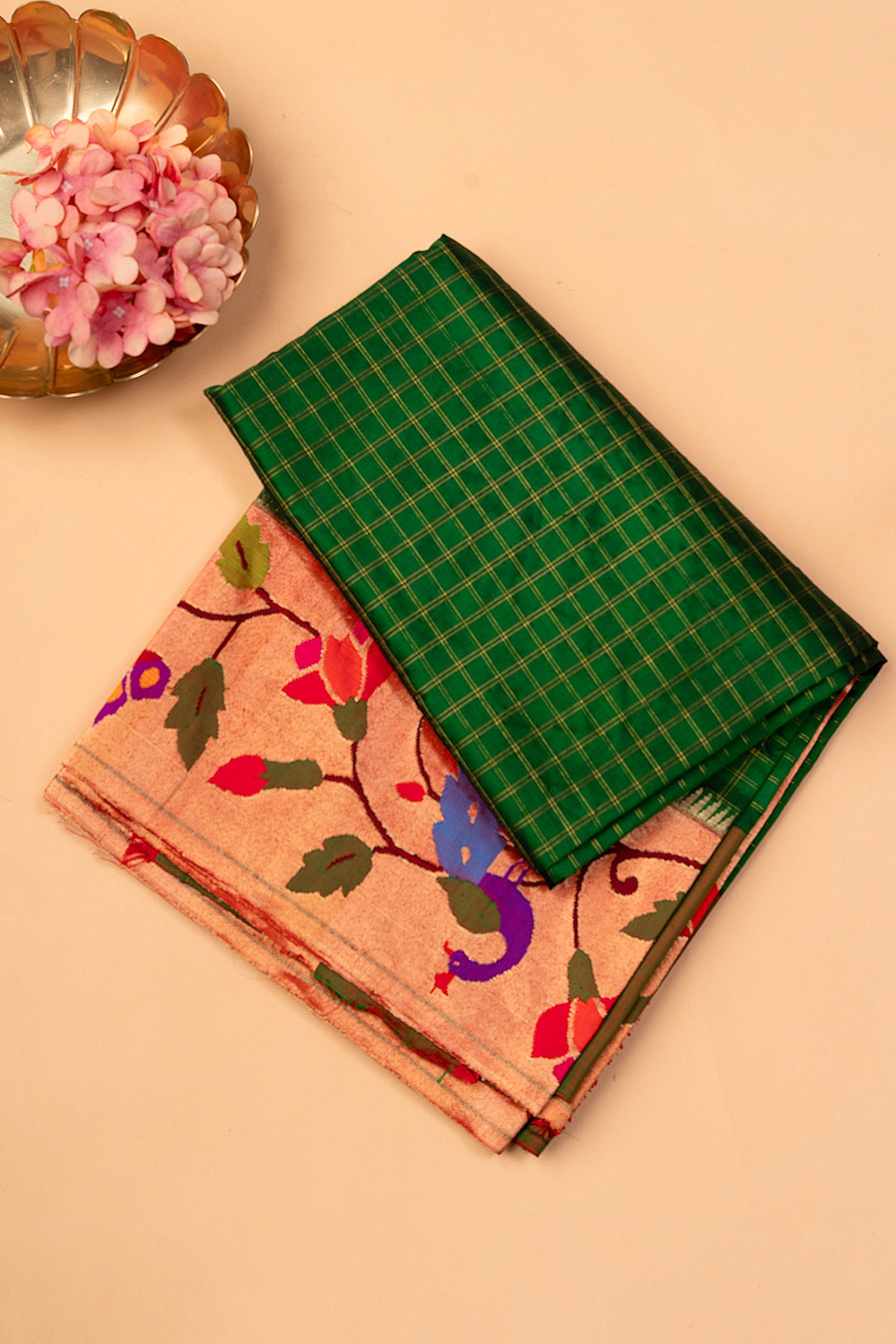 Paithani Silk Checks Dark Green Saree With Peacock Border