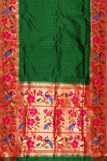 Paithani Silk Checks Dark Green Saree With Peacock Border