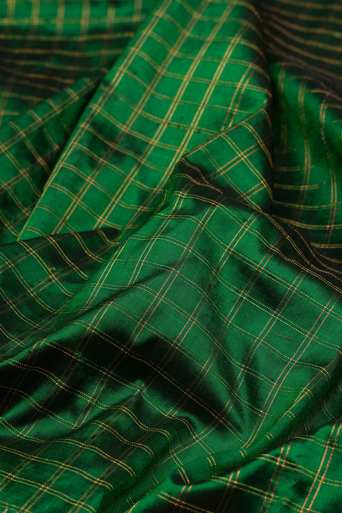 Paithani Silk Checks Dark Green Saree With Peacock Border