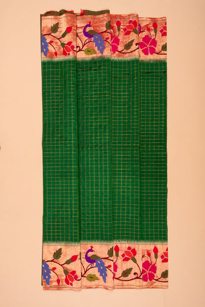 Paithani Silk Checks Dark Green Saree With Peacock Border