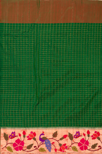 Paithani Silk Checks Dark Green Saree With Peacock Border