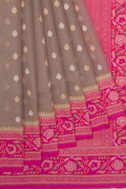 Banarasi Kora Organza Checks And Butta Grey Saree