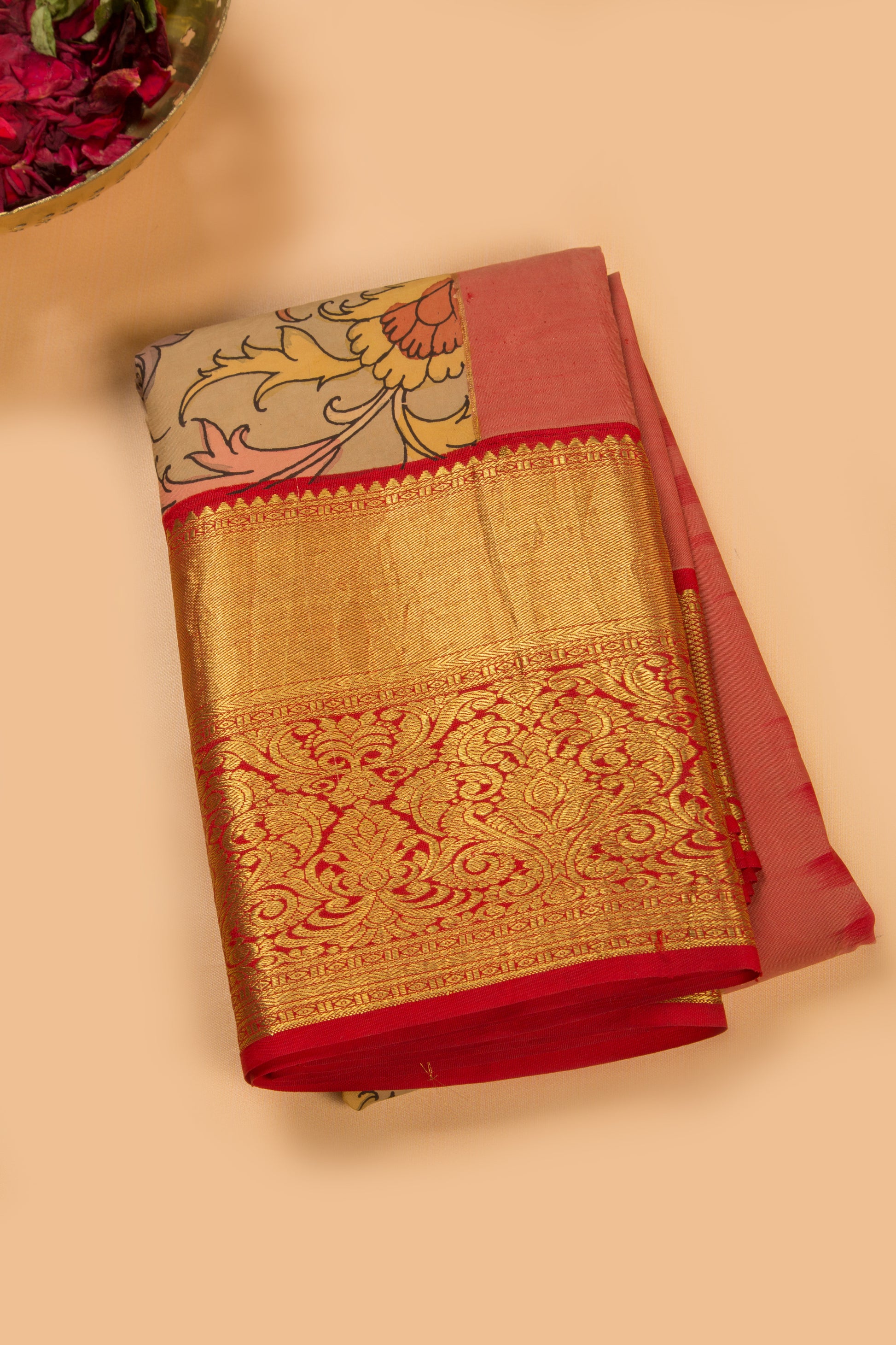 Kanchipuram Silk Handpainted Kalamkari Khaki Brown Saree