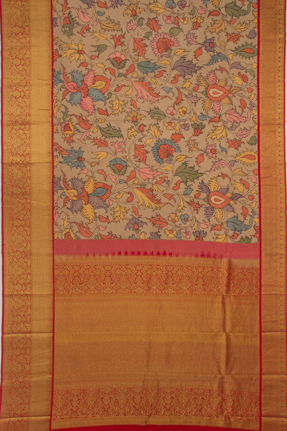 Kanchipuram Silk Handpainted Kalamkari Khaki Brown Saree