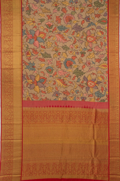 Kanchipuram Silk Handpainted Kalamkari Khaki Brown Saree