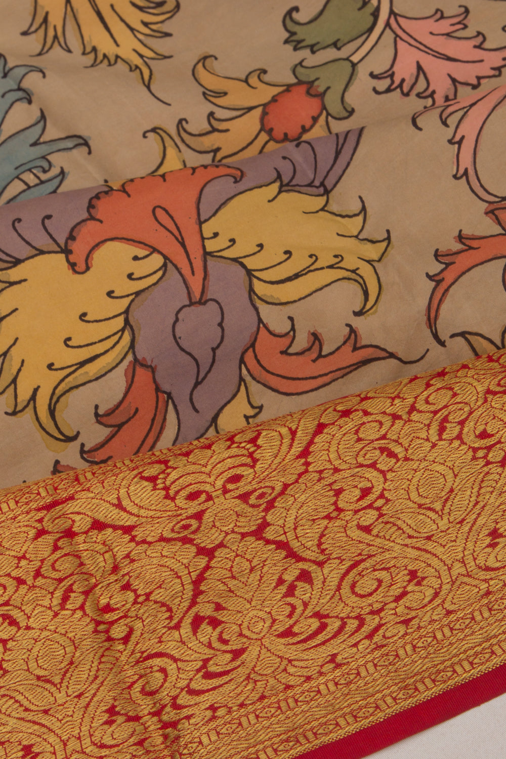 Kanchipuram Silk Handpainted Kalamkari Khaki Brown Saree