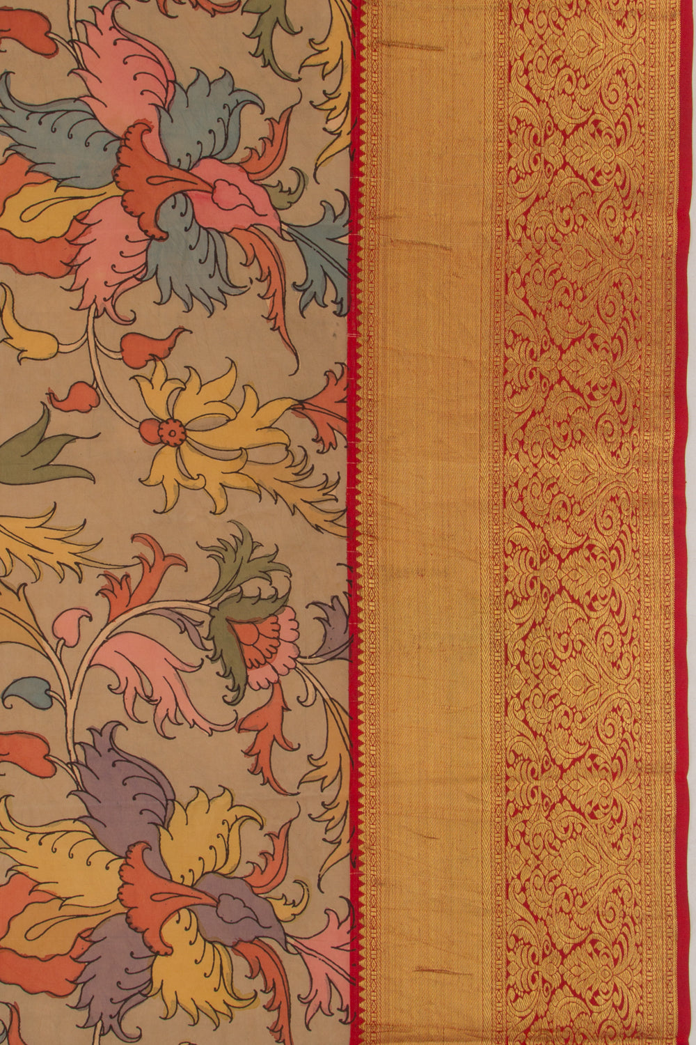 Kanchipuram Silk Handpainted Kalamkari Khaki Brown Saree