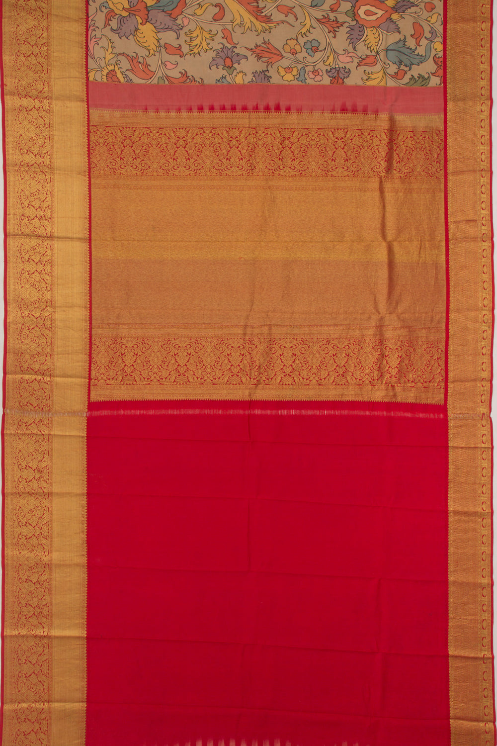 Kanchipuram Silk Handpainted Kalamkari Khaki Brown Saree