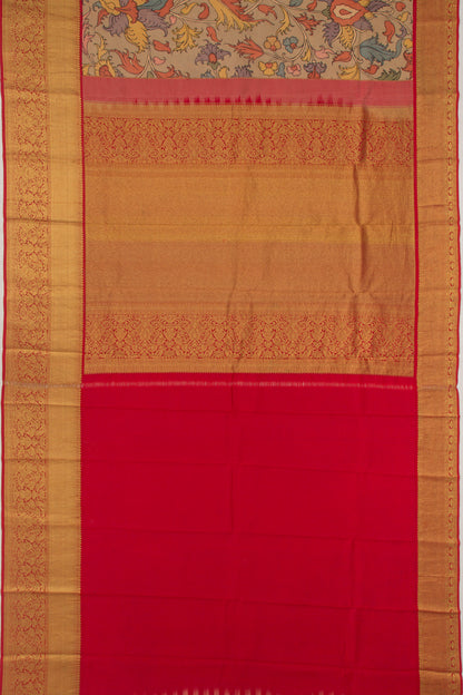 Kanchipuram Silk Handpainted Kalamkari Khaki Brown Saree