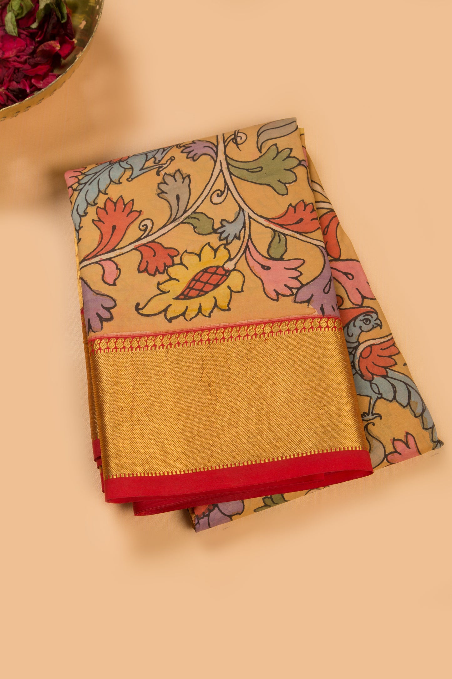 Kanchipuram Silk Handpainted Kalamkari Mustard Yellow Saree