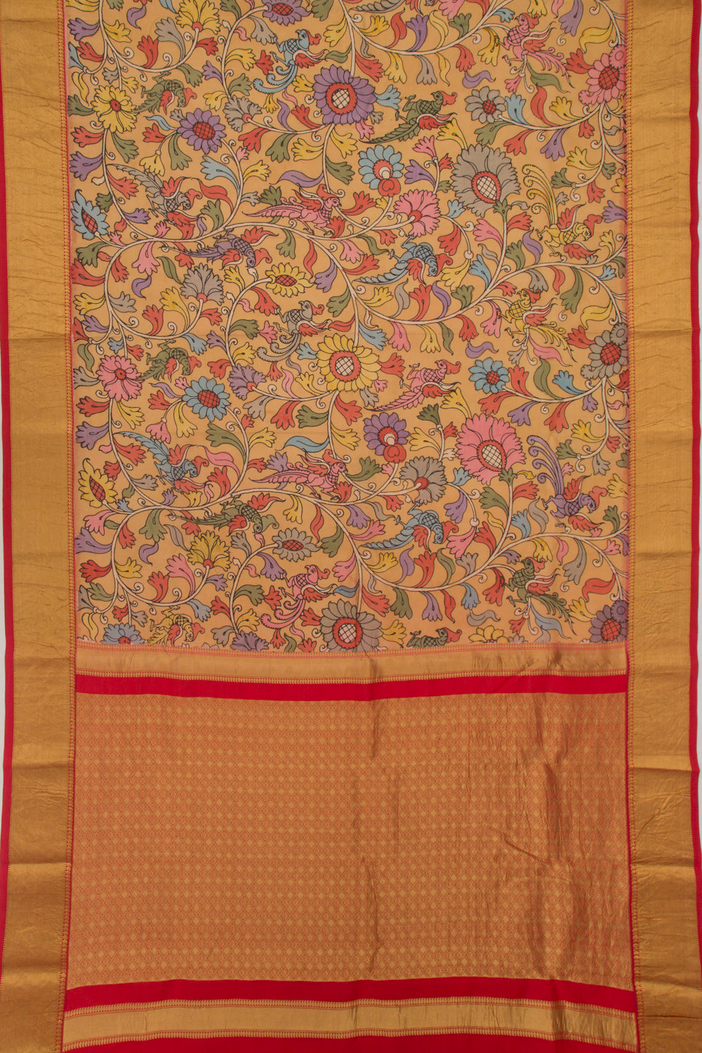 Kanchipuram Silk Handpainted Kalamkari Mustard Yellow Saree