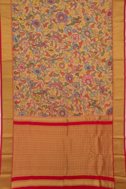 Kanchipuram Silk Handpainted Kalamkari Mustard Yellow Saree