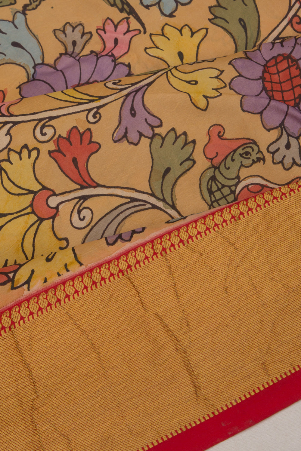 Kanchipuram Silk Handpainted Kalamkari Mustard Yellow Saree