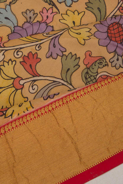 Kanchipuram Silk Handpainted Kalamkari Mustard Yellow Saree
