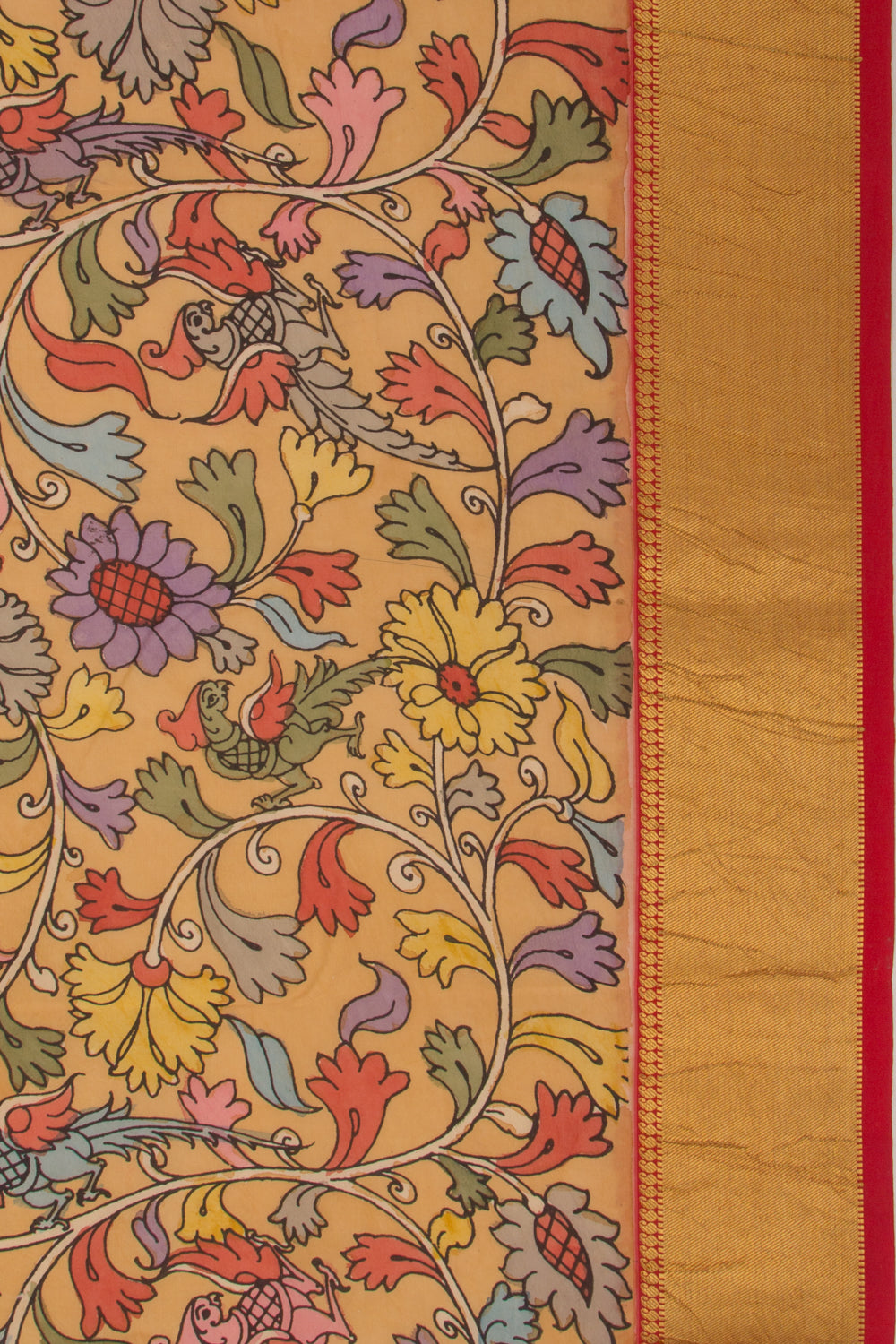Kanchipuram Silk Handpainted Kalamkari Mustard Yellow Saree
