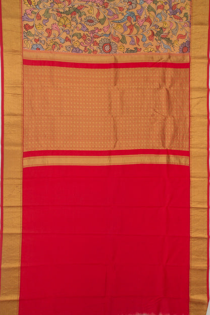 Kanchipuram Silk Handpainted Kalamkari Mustard Yellow Saree